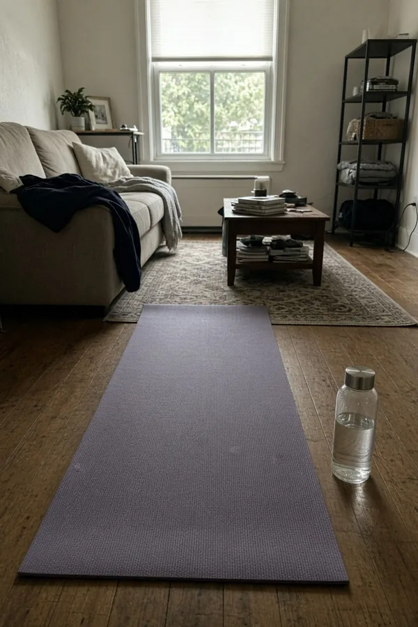 A grey yoga mat and a water bottle on the floor of a living room