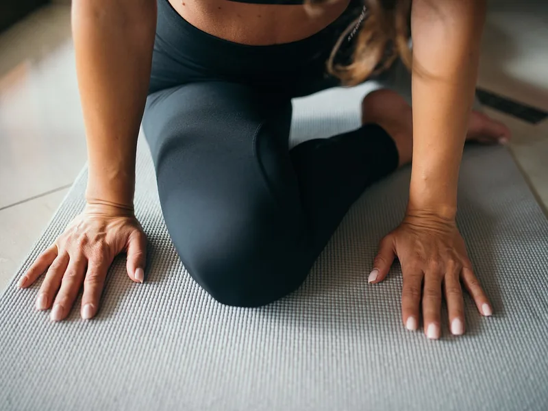Hands and knees on a grey yoga mat during a hip stretch